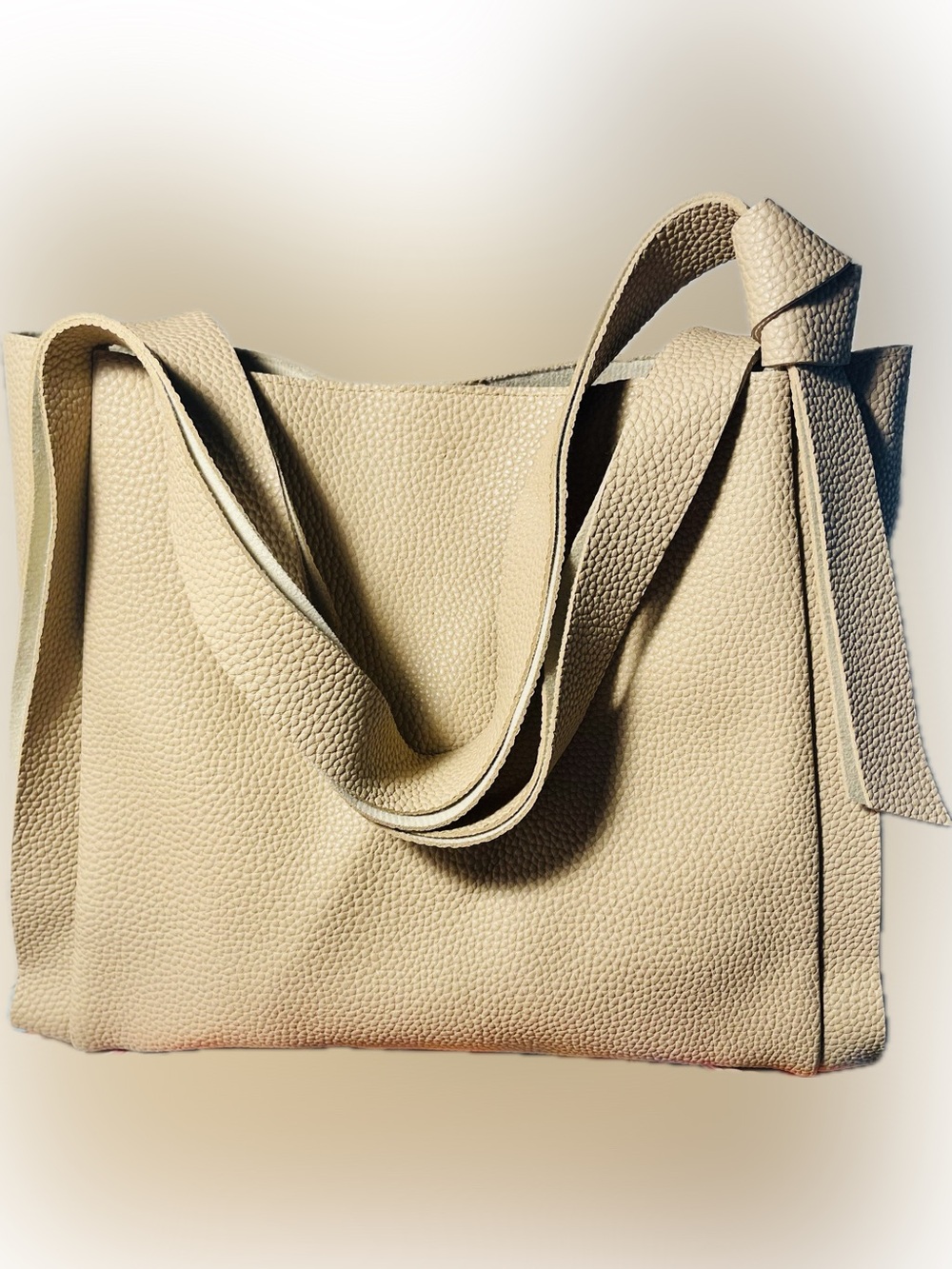 Ulta Beauty Cream Faux Leather Knot Handle Tote Slouchy Pebbled Magnet Closure